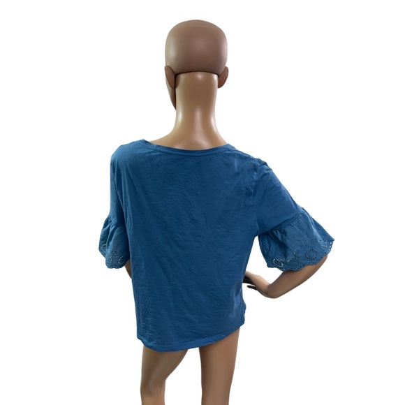 Emme Marella Women’s Size Large Short Ruffle Sleeve  Round Neck Blue Shirt - Picture 3 of 4